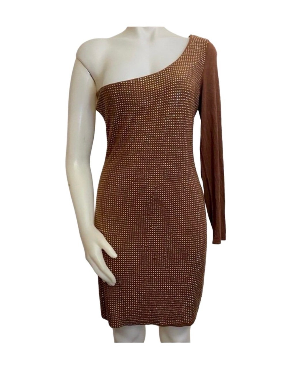 Manito One Shoulder Brown Studded Bodycon Dress Mini/midi Size L